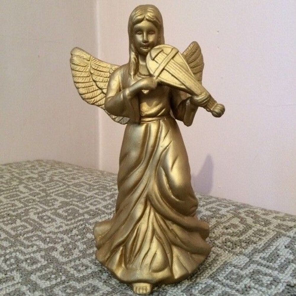 NIB NWT Golden Ceramic Christmas Angel with Flowing Gown, Wings and a Violin